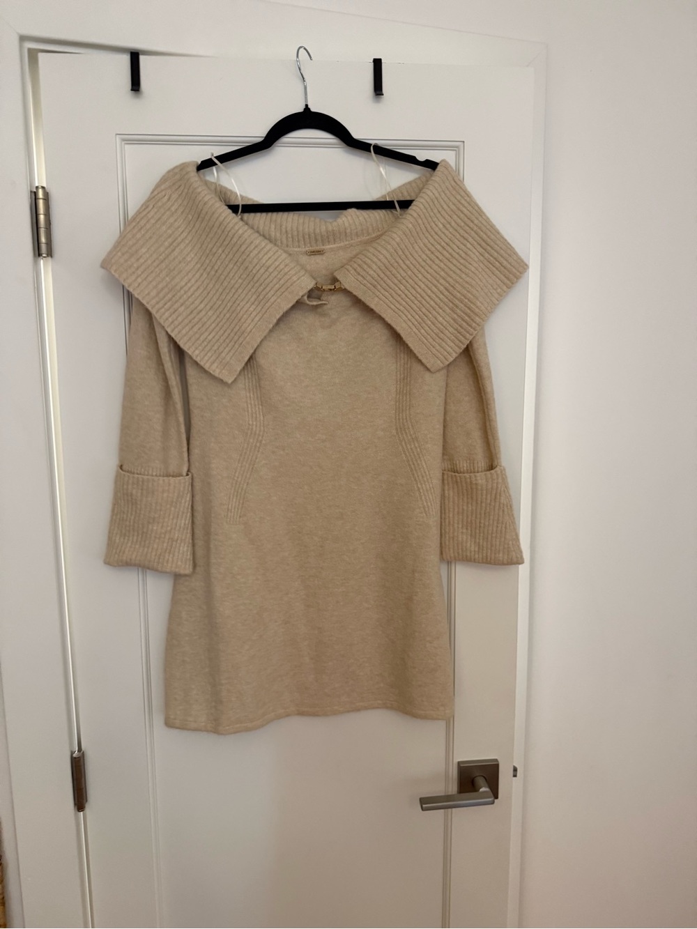 cult gaia Cream Off-the-Shoulder Ribbed Collar Sweater Dress